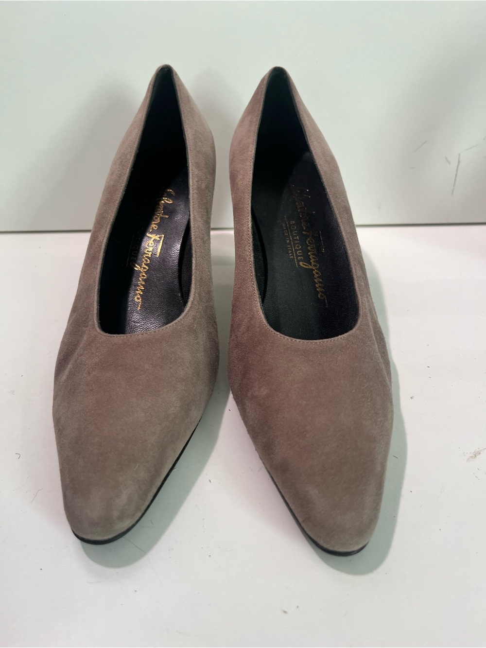 Salvatore Ferragamo Taupe Suede Pointed-Toe Pumps